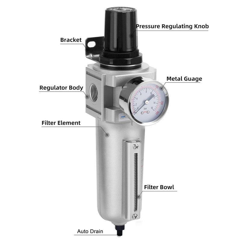 NANPU Industrial Grade Heavy Duty Particulate Filter & Air Regulator, Metal Bowl, Suitable for Paint Spray (3/4" NPT, Auto Drain) - Image 3